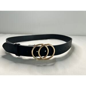 Black Faux Leather Belt Gold Double Ring Buckle Womens Adjustable Minimalist